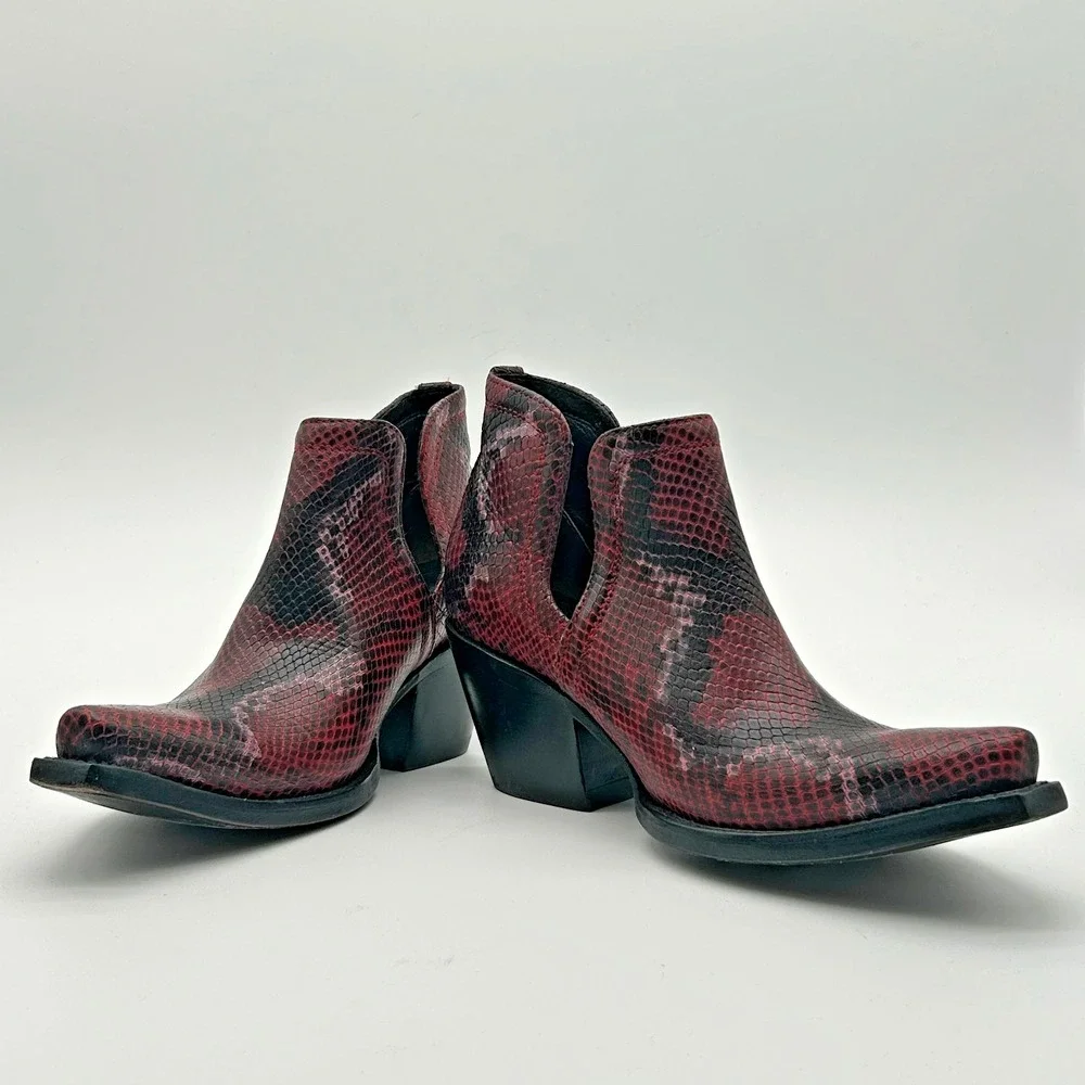 Ariat Dixon Red Black Snake Print Leather Western Ankle Booties Womens Size 8